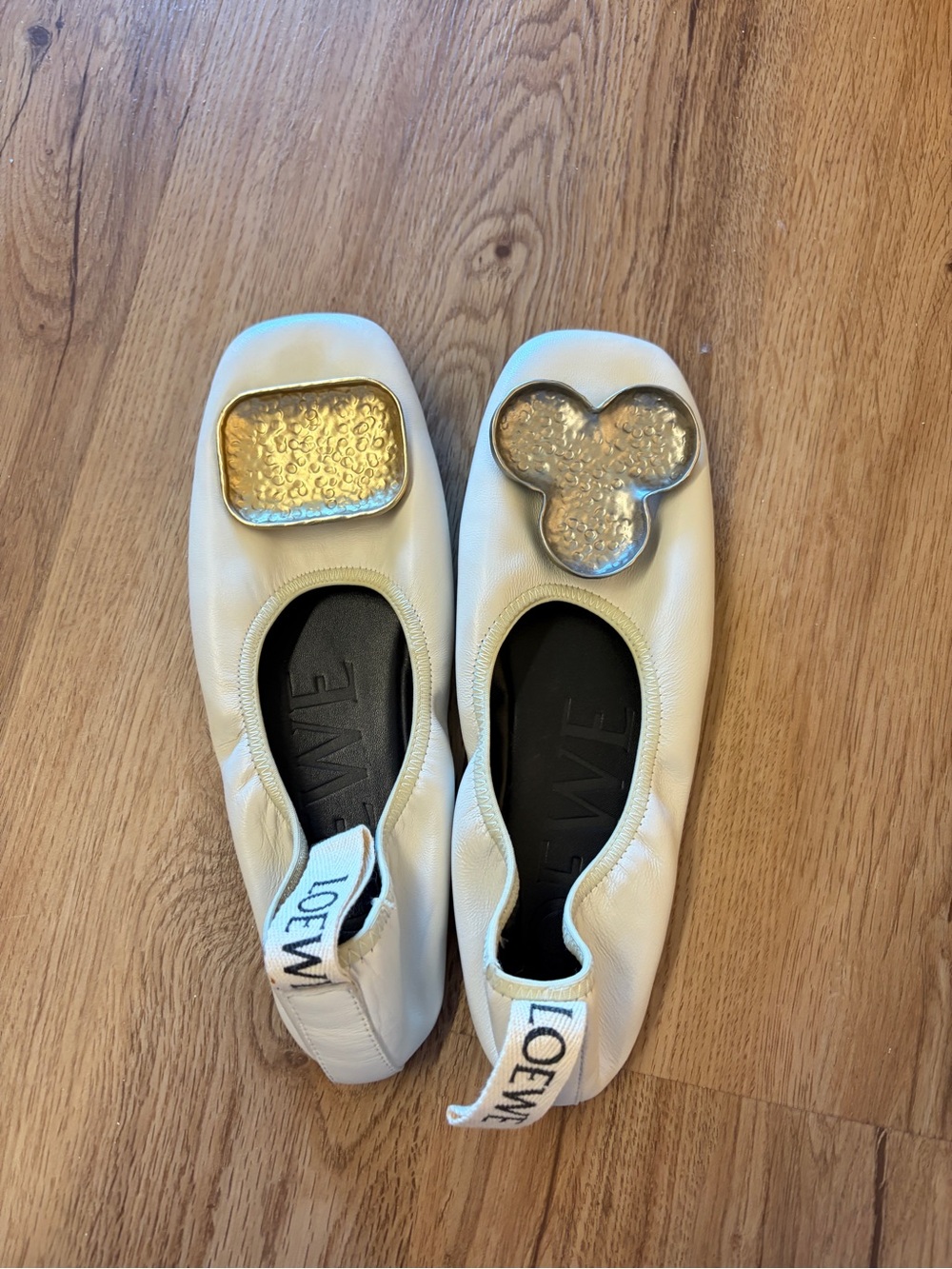 Loewe White Leather Ballet Flats with Gold Accents